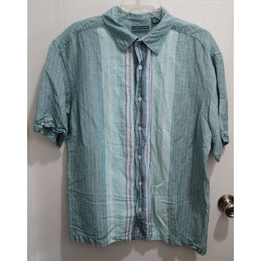 Cubavera Blue Striped Short Sleeve Button Up Linen Blend Camp‎ Shirt Size XL